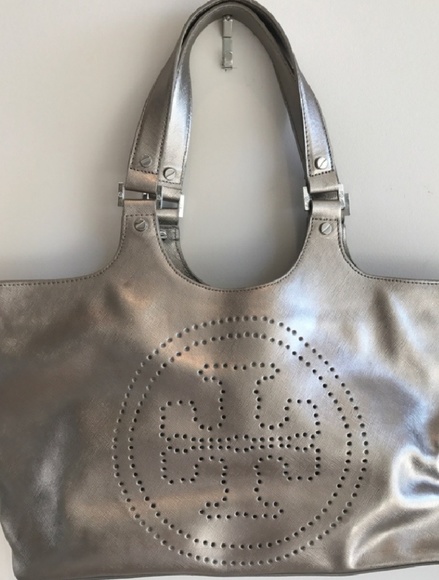 Authentic Tory Burc Silver Perforated Logo Handbag - Picture 1 of 8